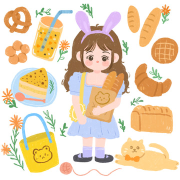 抱面包的女孩贴纸小物品插画