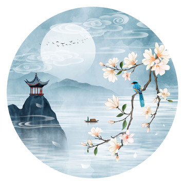 玉蘭花古風(fēng)山水插畫