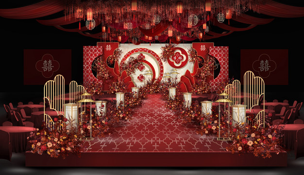 香槟红色新中式婚礼舞台设计