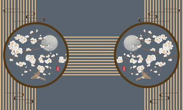 栅格花鸟中式背景墙