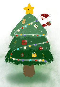圣诞老人圣诞树插画可爱绿色背景