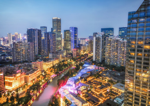 航拍成都城市建筑夜景