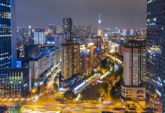 航拍成都老城区风貌夜景