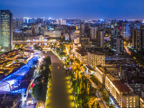 航拍成都锦江沿岸夜景