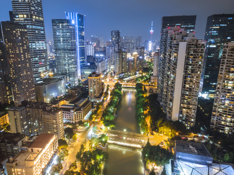 航拍成都城市风光夜景