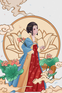 原創(chuàng)古風(fēng)國潮蓮花仕女圖
