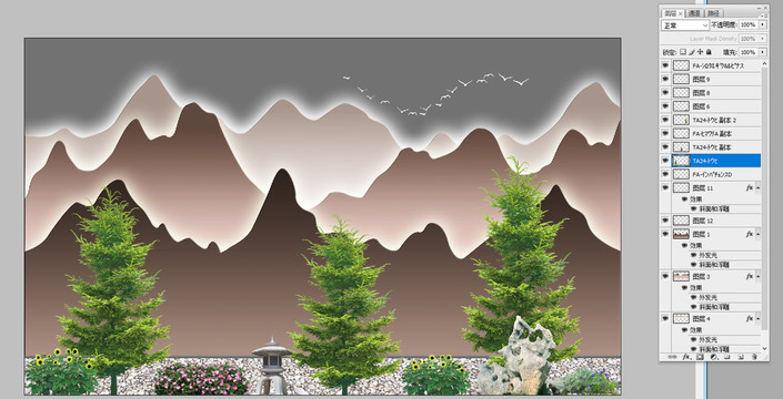 山水樹石頭景觀背景