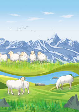 羊手绘羊肉自然风光羊群