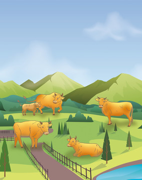 牛插畫牛群黃牛肉小牛風(fēng)光場景