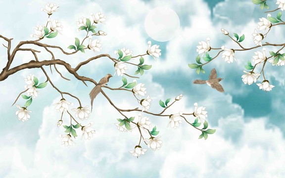 仙境云霧花鳥背景墻