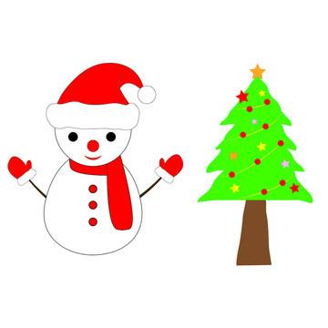矢量卡通圣誕雪人和圣誕樹