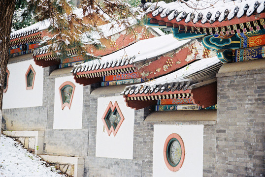 北京园博园古建筑屋顶雪景