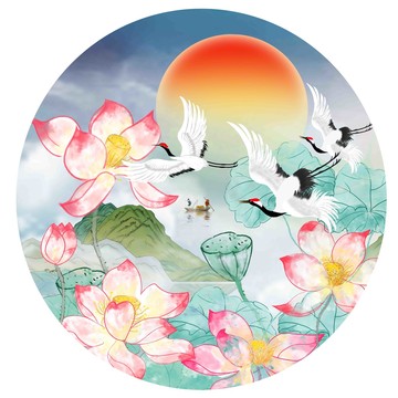 荷花國潮插畫