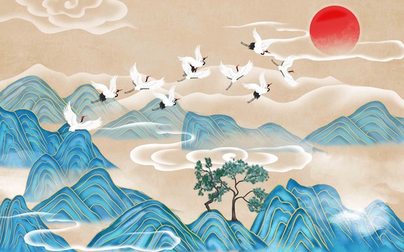 國潮仙鶴山水畫