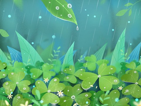 清新雨水三叶草植物背景插画