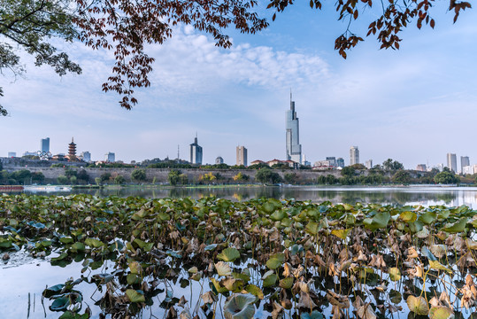 秋天中国南京玄武湖和城市建筑