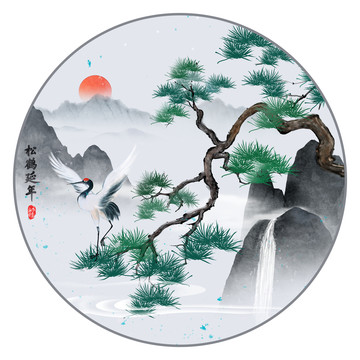新中式松鶴水墨山水畫(huà)