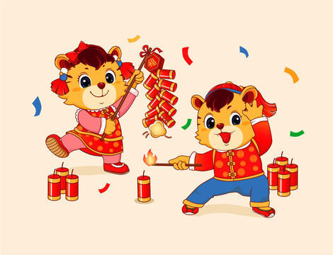 虎年年俗插畫之放鞭炮