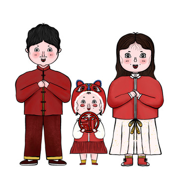 卡通可愛(ài)拜年全家福人物