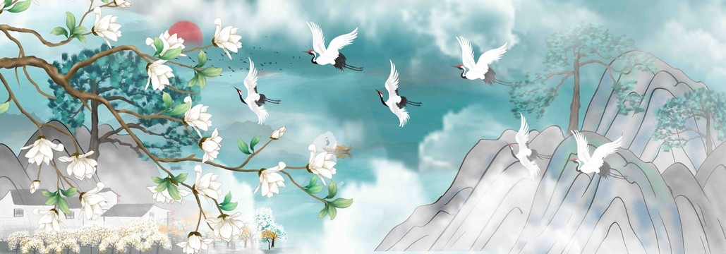 新中式國潮花鳥山水壁畫