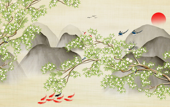 原創(chuàng)花鳥九魚圖