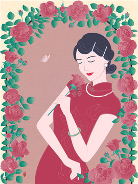 旗袍美人之玫瑰花月季花