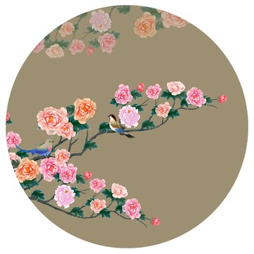 牡丹圓形花鳥