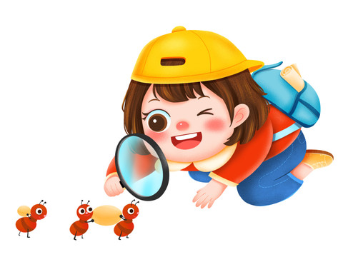 用放大鏡觀察的小女孩元素