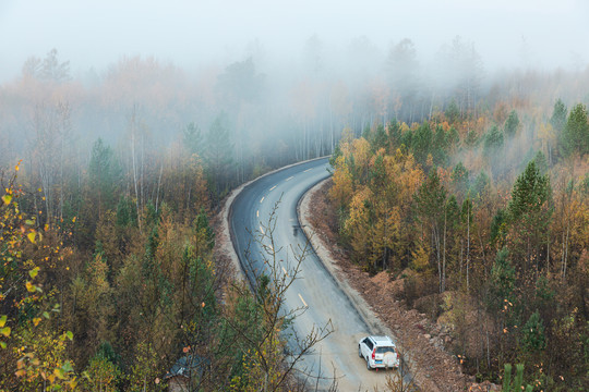 秋季森林公路越野车