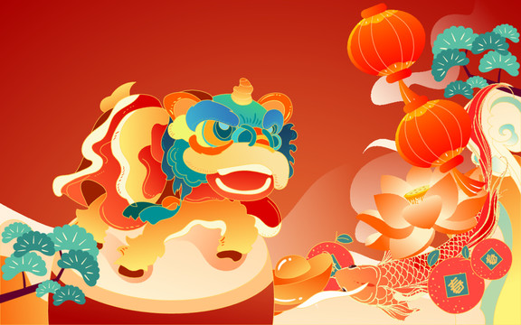 春节舞狮祈福庆祝新年活动插画