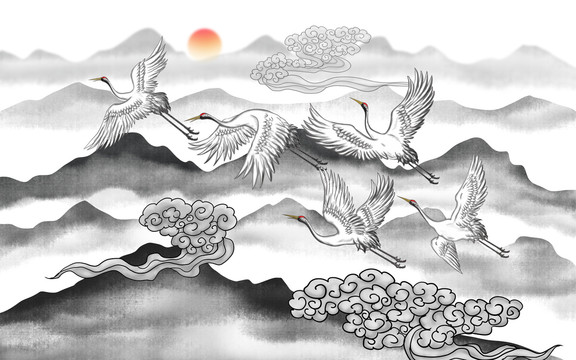 新中式祥云仙鶴背景