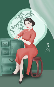 旗袍女子复古老上海插画