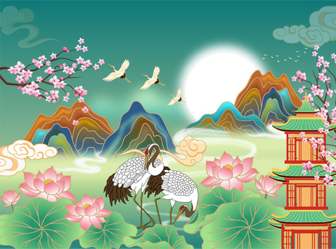 仙鶴國(guó)潮山水插畫(huà)