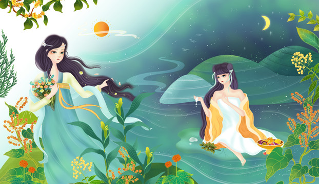 古風(fēng)女孩洗發(fā)水沐浴露包裝插畫(huà)