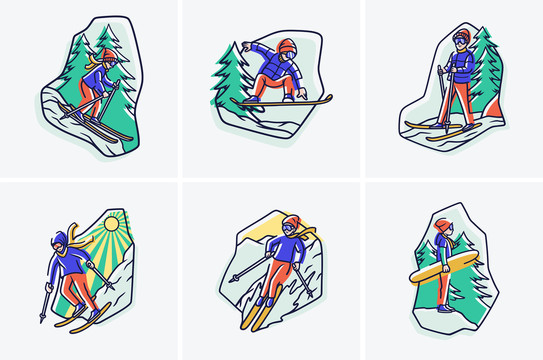 滑雪运动人物扁平套装