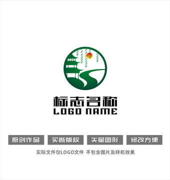 古建筑垂柳标志古塔logo