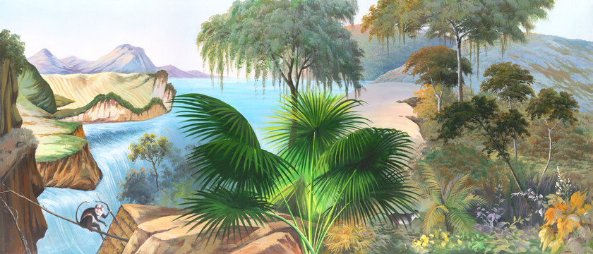 手绘热带海边风景壁画背景