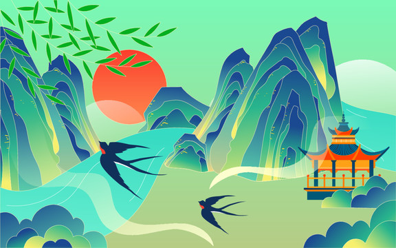 國潮春天風(fēng)景立春節(jié)氣踏春插畫