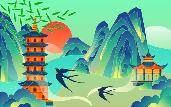 國潮春天風(fēng)景立春節(jié)氣踏春插畫