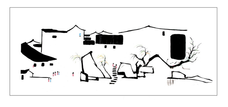 桃花江南水墨畫