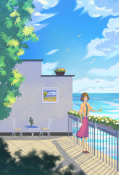 海邊天空插畫