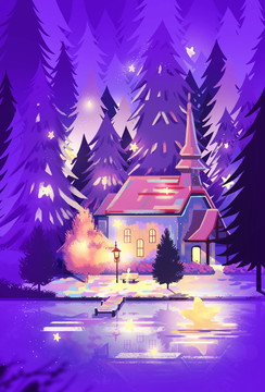夜晚紫色插畫