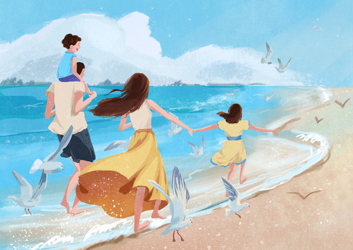 一家四口家庭親情海邊插畫