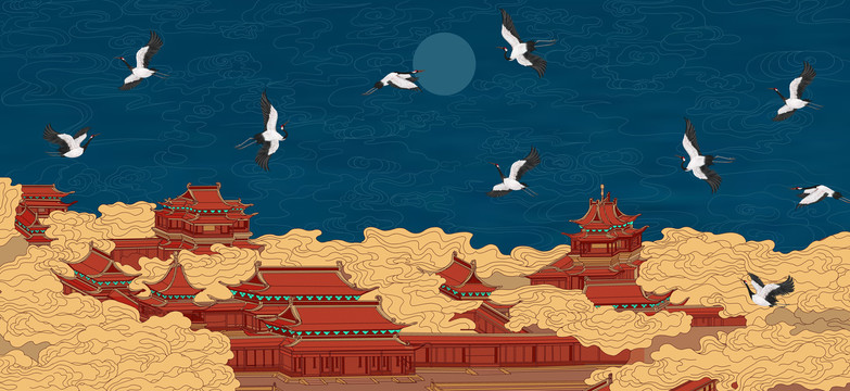 仙鶴云紋樓閣背景墻