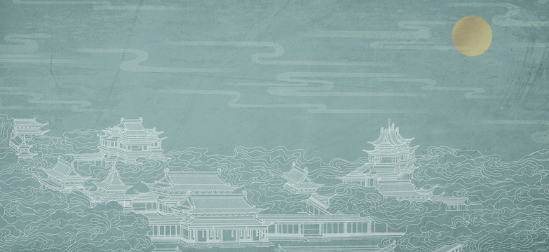 高端酒店云紋樓閣刺繡背景墻