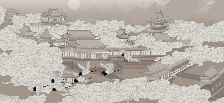 線描仙鶴云紋樓閣背景墻