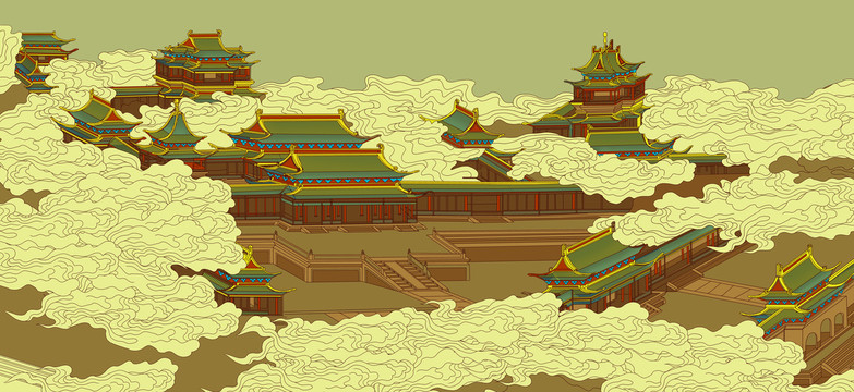 高端酒店云紋樓閣仙境背景墻