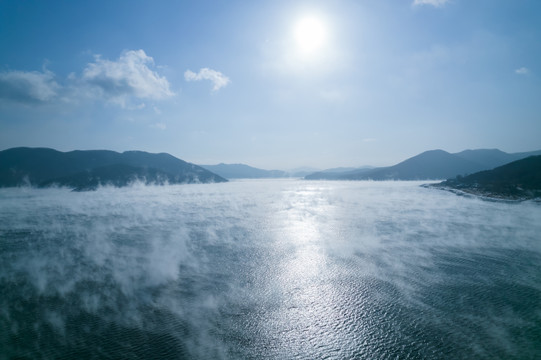 吉林冬季松花湖松水不冻航拍