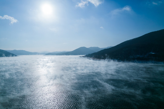 吉林冬季松花湖松水不冻航拍