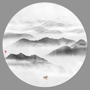 圓形水墨山水